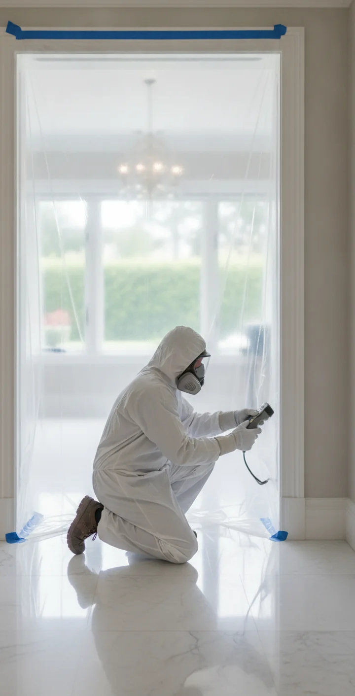 Mold remediation technician in PPE working in a Beverly Hills estate home