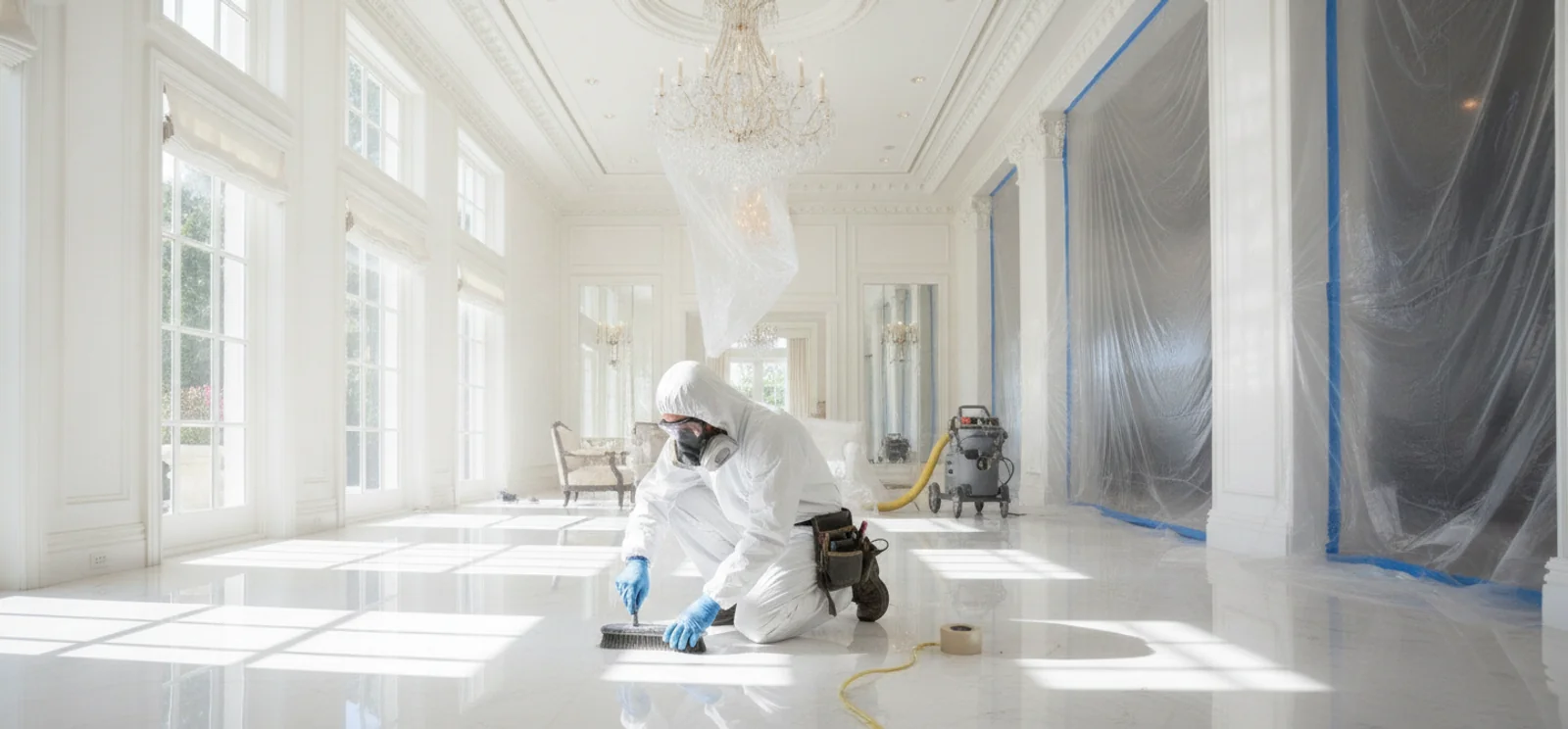 Mold remediation technician in PPE working in a Beverly Hills estate home